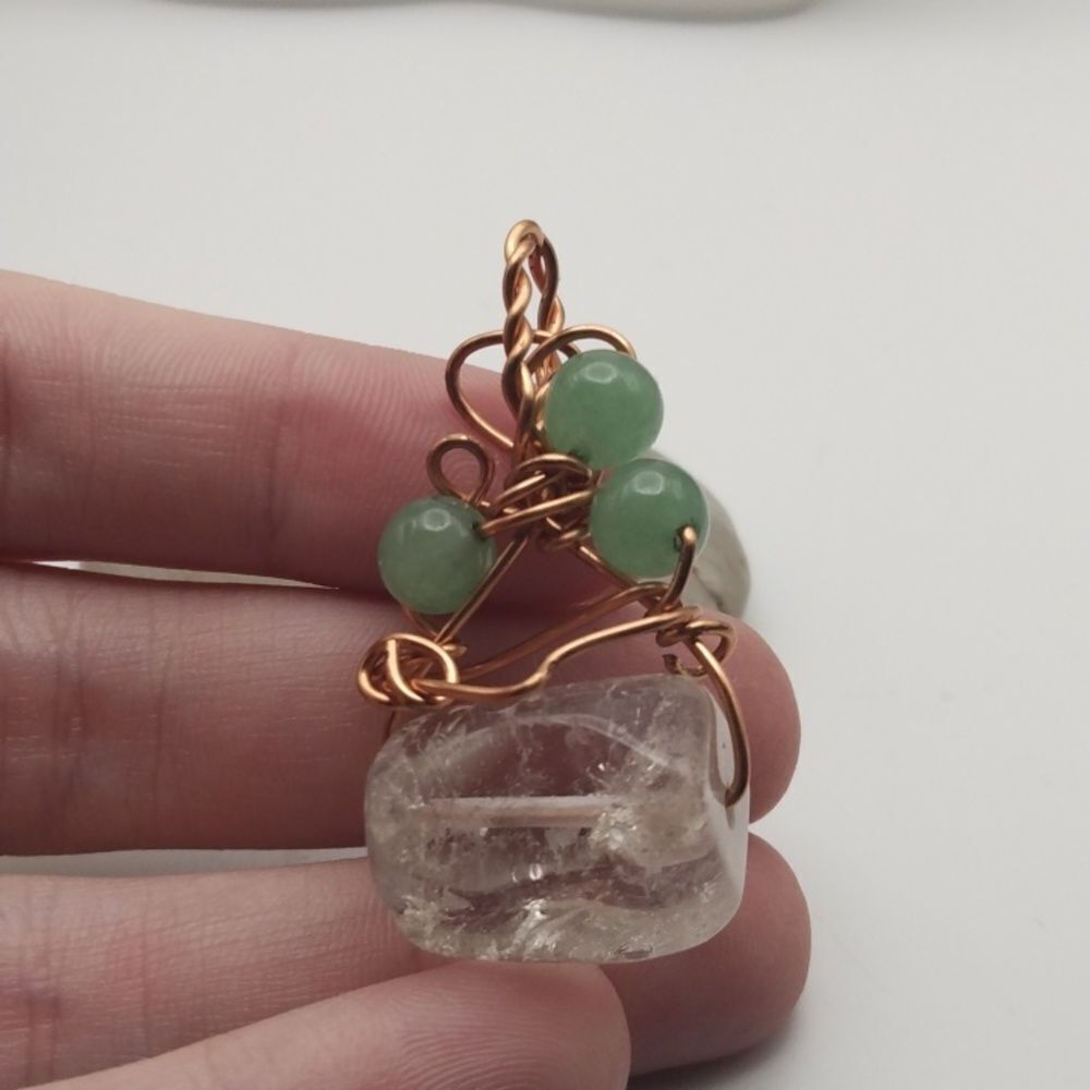 Veined quartz and jade drop‎ necklace pendant wire wrapped